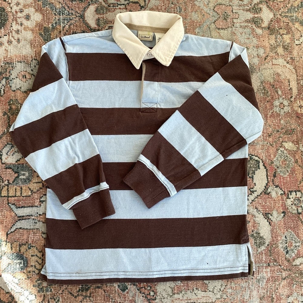 L.L. Bean Kids 100% Cotton Brown Light Blue Stripes / Cream Collar Boy’s 10/12